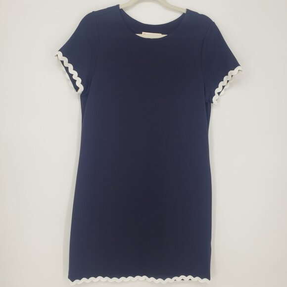 Jude Connally Ric Rac Trim Shift Dress M Short Sleeve Ponte Knit Navy Blue White - Picture 1 of 9